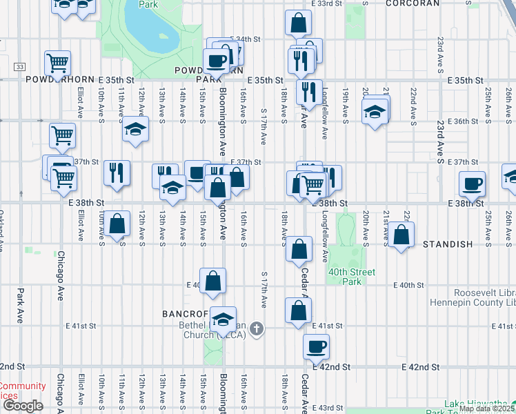 map of restaurants, bars, coffee shops, grocery stores, and more near 3800 South 17th Avenue in Minneapolis