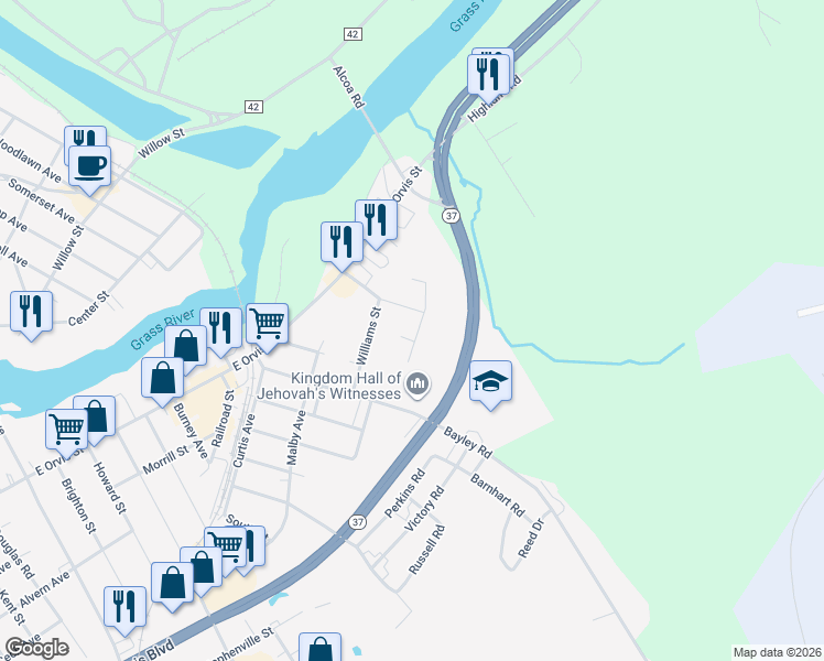 map of restaurants, bars, coffee shops, grocery stores, and more near 9 Randall Dr in Massena