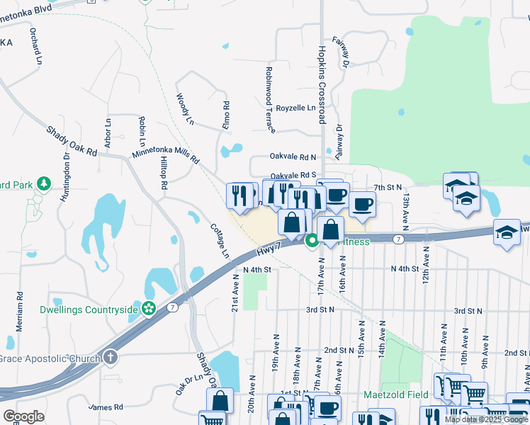 map of restaurants, bars, coffee shops, grocery stores, and more near 11337 Minnesota 7 in Minnetonka