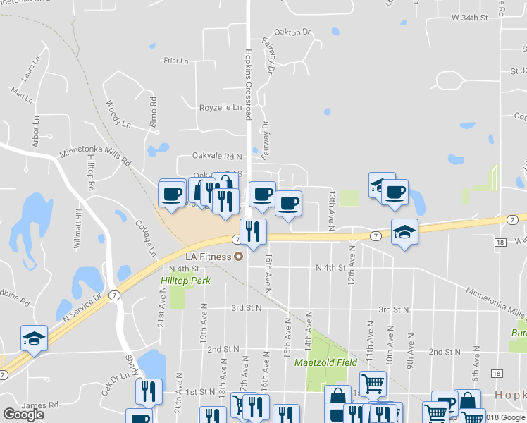 map of restaurants, bars, coffee shops, grocery stores, and more near 1585 Minnesota 7 in Hopkins