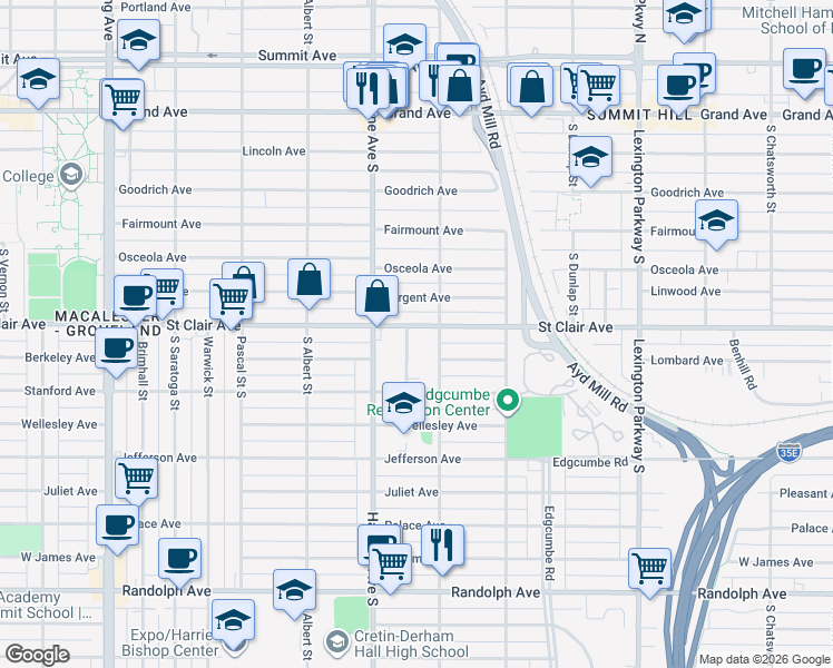 map of restaurants, bars, coffee shops, grocery stores, and more near 1304 Saint Clair Avenue in Saint Paul