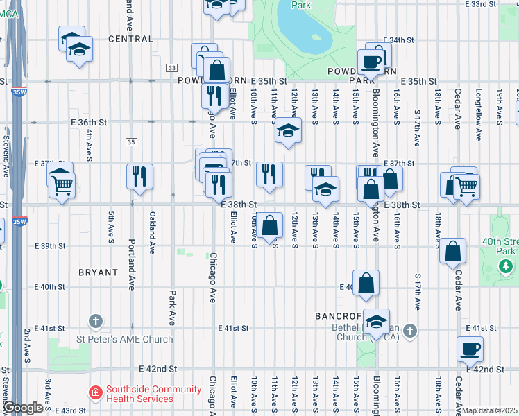 map of restaurants, bars, coffee shops, grocery stores, and more near 3801 10th Avenue South in Minneapolis