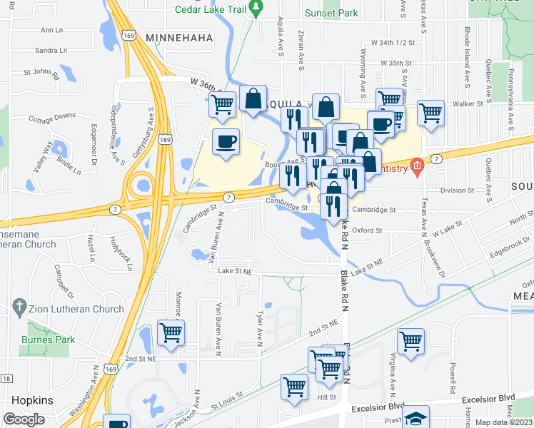map of restaurants, bars, coffee shops, grocery stores, and more near 511 Hiawatha Avenue in Hopkins