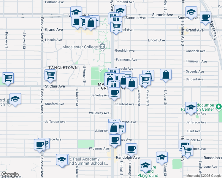 map of restaurants, bars, coffee shops, grocery stores, and more near 245 Snelling Avenue South in Saint Paul