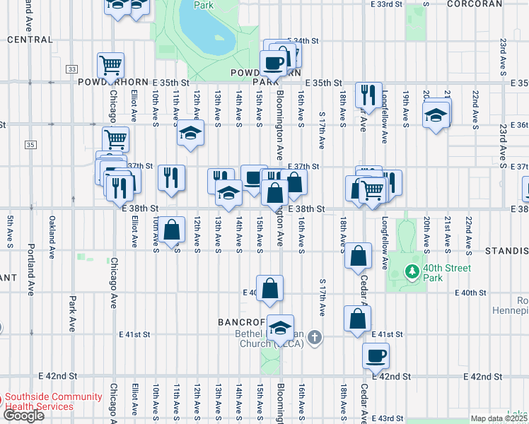 map of restaurants, bars, coffee shops, grocery stores, and more near 1505 East 38th Street in Minneapolis