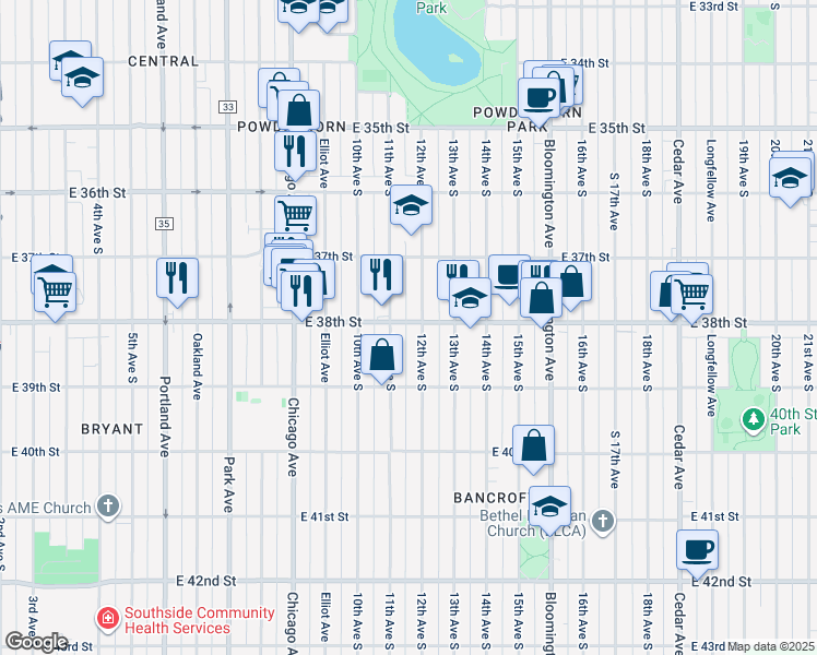 map of restaurants, bars, coffee shops, grocery stores, and more near 1115 East 38th Street in Minneapolis