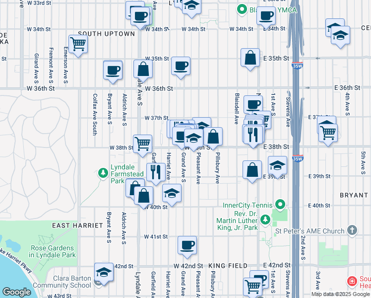 map of restaurants, bars, coffee shops, grocery stores, and more near 3801 Grand Avenue South in Minneapolis