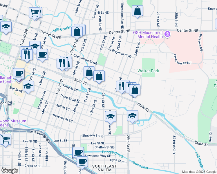 map of restaurants, bars, coffee shops, grocery stores, and more near 2341 State Street in Salem