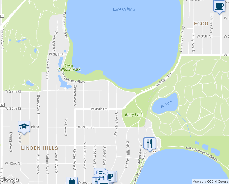 map of restaurants, bars, coffee shops, grocery stores, and more near 3800 Sheridan Avenue South in Minneapolis