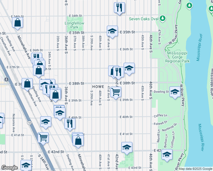 map of restaurants, bars, coffee shops, grocery stores, and more near 3804 41st Avenue South in Minneapolis