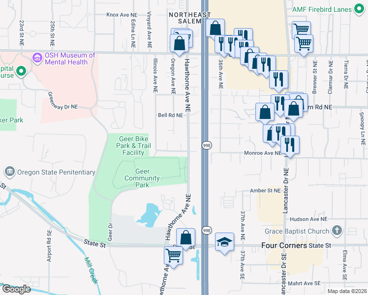map of restaurants, bars, coffee shops, grocery stores, and more near 347 Hawthorne Court Northeast in Salem