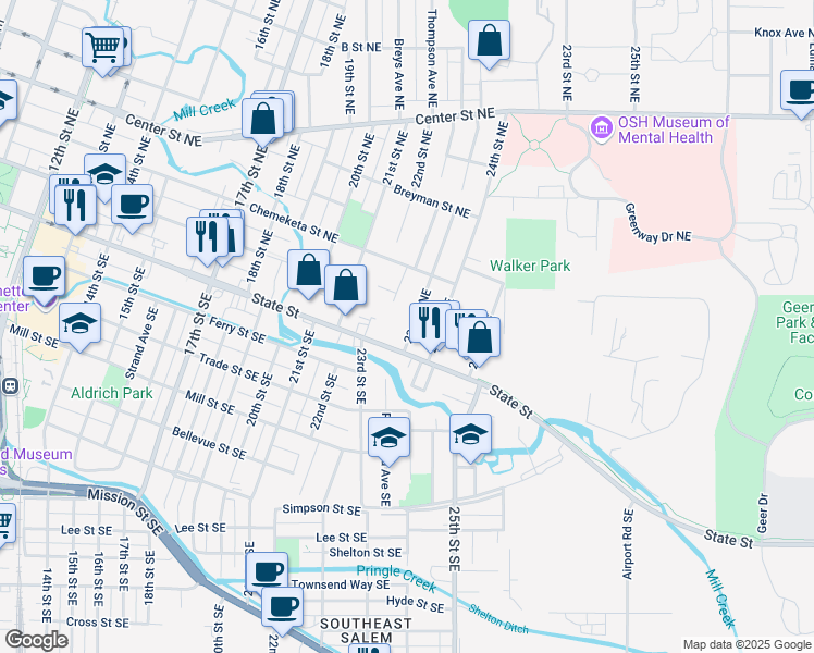 map of restaurants, bars, coffee shops, grocery stores, and more near 170 23rd Street Northeast in Salem