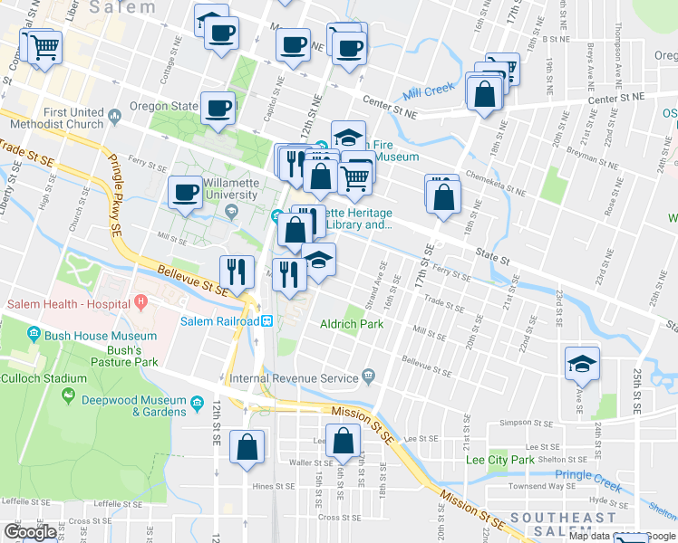 map of restaurants, bars, coffee shops, grocery stores, and more near 1425 Trade Street Southeast in Salem