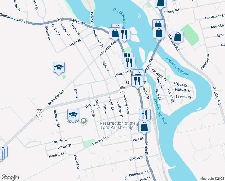 map of restaurants, bars, coffee shops, grocery stores, and more near 197 U.S. 2 Alternate in Old Town