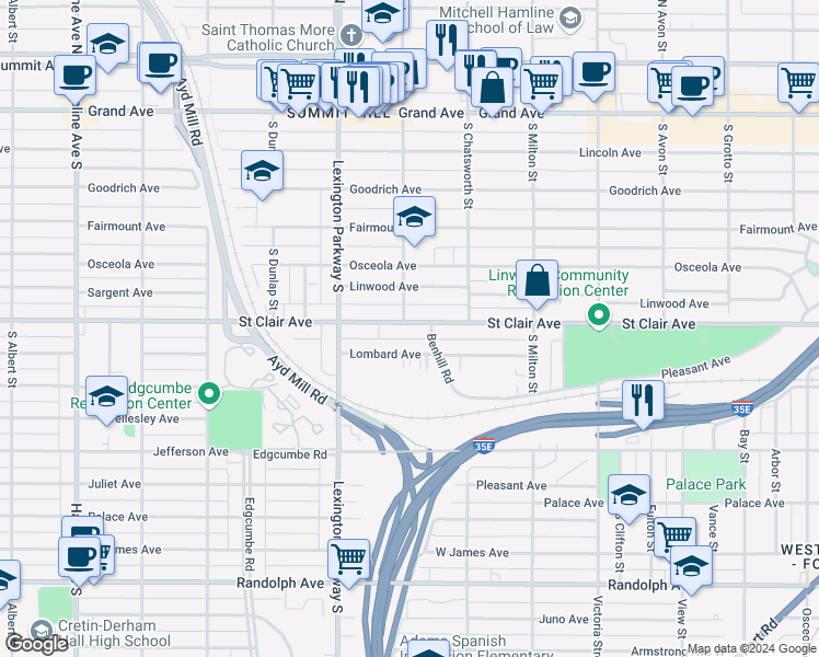 map of restaurants, bars, coffee shops, grocery stores, and more near 1038 Saint Clair Avenue in Saint Paul