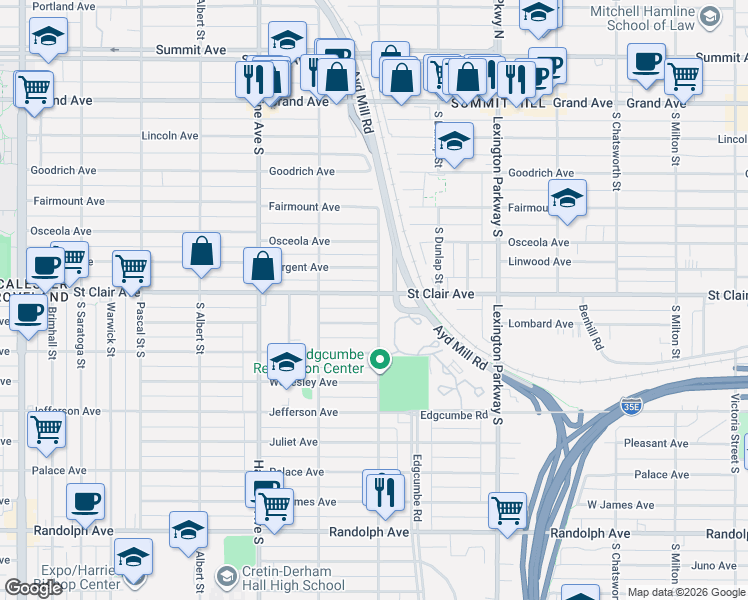 map of restaurants, bars, coffee shops, grocery stores, and more near 246 Griggs Street South in Saint Paul