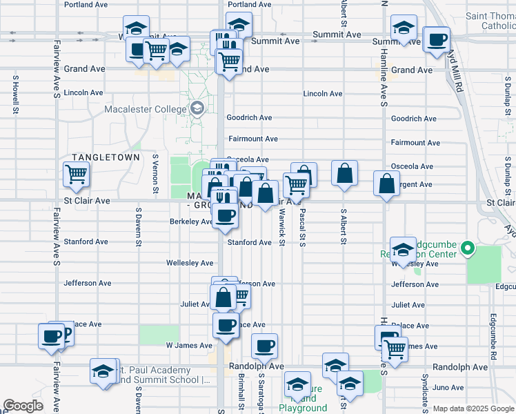 map of restaurants, bars, coffee shops, grocery stores, and more near 1530 Saint Clair Avenue in Saint Paul