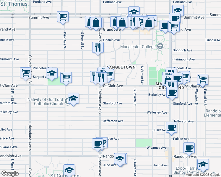 map of restaurants, bars, coffee shops, grocery stores, and more near 1776 Saint Clair Avenue in Saint Paul