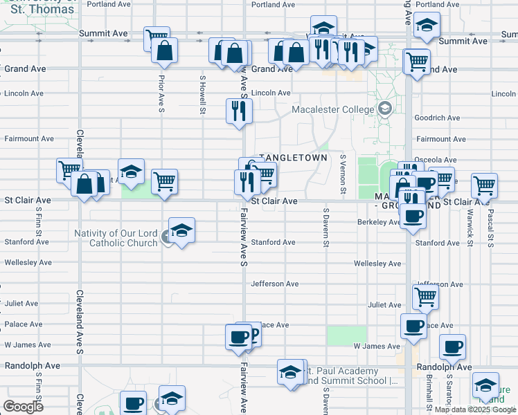 map of restaurants, bars, coffee shops, grocery stores, and more near 1806 Saint Clair Avenue in Saint Paul