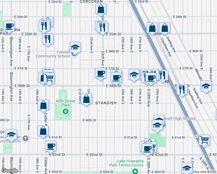 map of restaurants, bars, coffee shops, grocery stores, and more near 2249 East 38th Street in Minneapolis