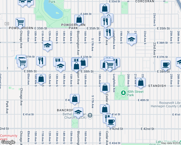 map of restaurants, bars, coffee shops, grocery stores, and more near 3800 South 17th Avenue in Minneapolis