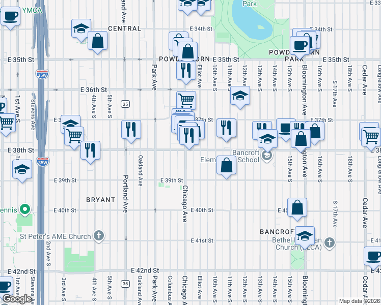 map of restaurants, bars, coffee shops, grocery stores, and more near 732 East 38th Street in Minneapolis