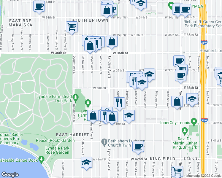 map of restaurants, bars, coffee shops, grocery stores, and more near 3801 Lyndale Avenue South in Minneapolis