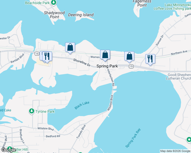 map of restaurants, bars, coffee shops, grocery stores, and more near 2429 Black Lake Road in Spring Park