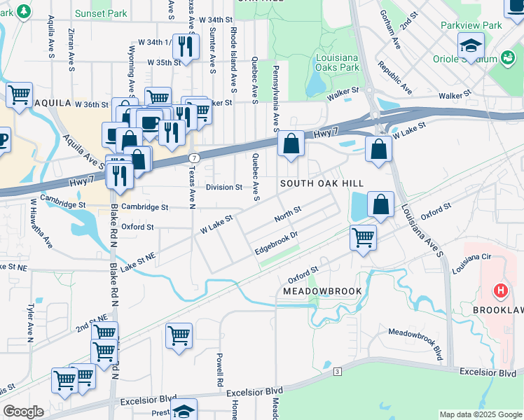 map of restaurants, bars, coffee shops, grocery stores, and more near 7701 West Lake Street in Minneapolis