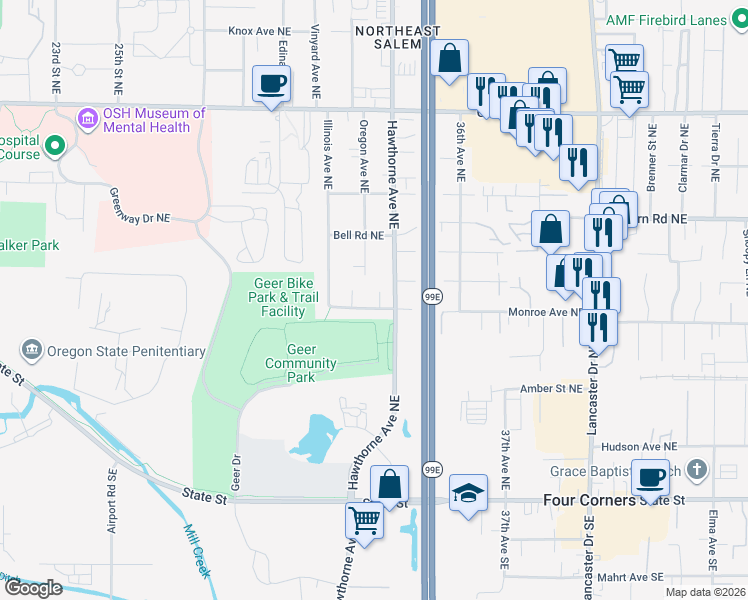 map of restaurants, bars, coffee shops, grocery stores, and more near 347 Hawthorne Court Northeast in Salem