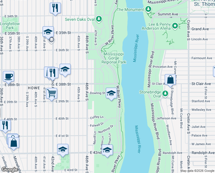 map of restaurants, bars, coffee shops, grocery stores, and more near 4821 East 38th Street in Minneapolis