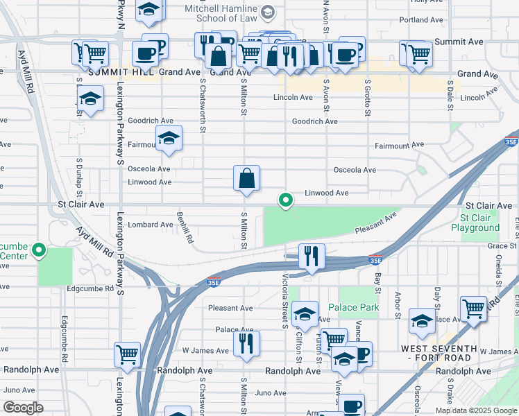 map of restaurants, bars, coffee shops, grocery stores, and more near 903 Saint Clair Avenue in Saint Paul