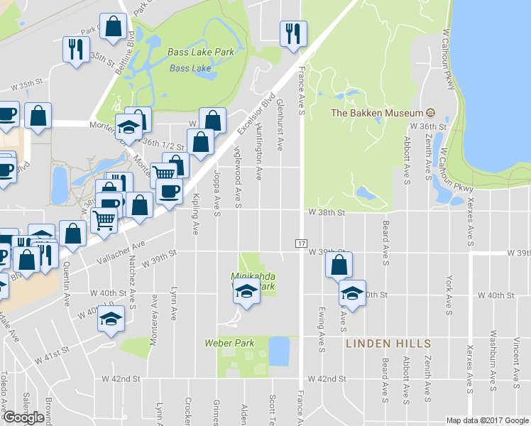 map of restaurants, bars, coffee shops, grocery stores, and more near 3801 Huntington Avenue in Minneapolis