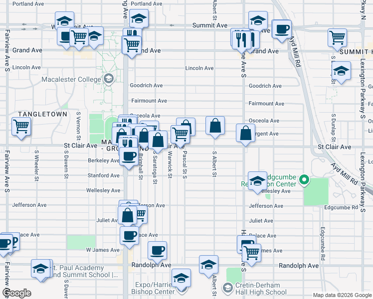 map of restaurants, bars, coffee shops, grocery stores, and more near 244 Pascal Street South in Saint Paul
