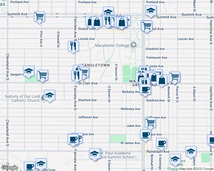 map of restaurants, bars, coffee shops, grocery stores, and more near 1706 Saint Clair Avenue in Saint Paul