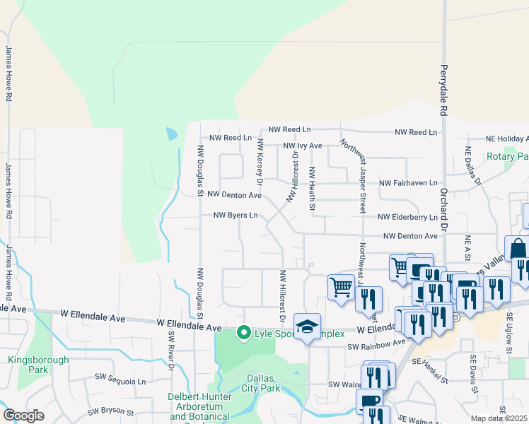 map of restaurants, bars, coffee shops, grocery stores, and more near 470 Northwest Byers Lane in Dallas