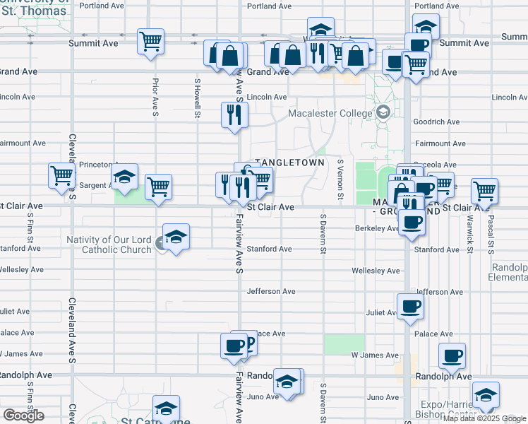map of restaurants, bars, coffee shops, grocery stores, and more near 1776 Saint Clair Avenue in Saint Paul