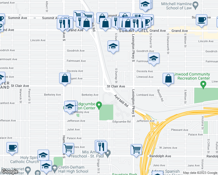 map of restaurants, bars, coffee shops, grocery stores, and more near 1164 Saint Clair Avenue in Saint Paul