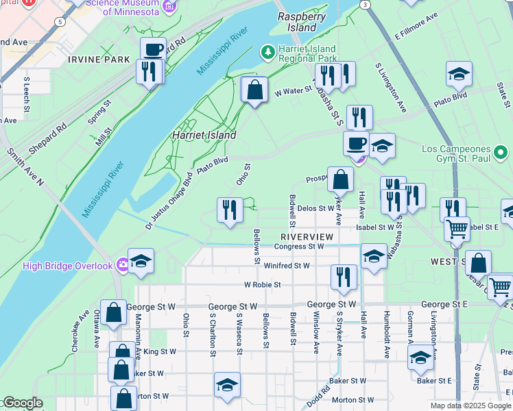 map of restaurants, bars, coffee shops, grocery stores, and more near 213 Bellows Street in Saint Paul