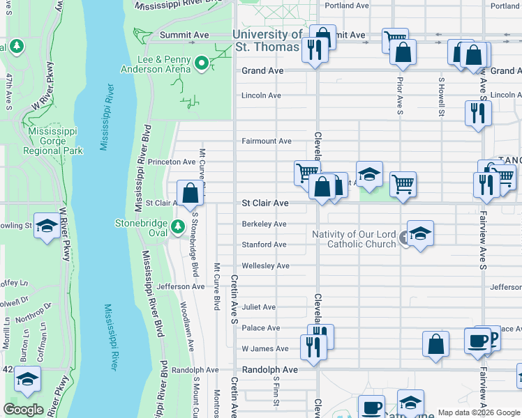 map of restaurants, bars, coffee shops, grocery stores, and more near 2128 Saint Clair Avenue in Saint Paul