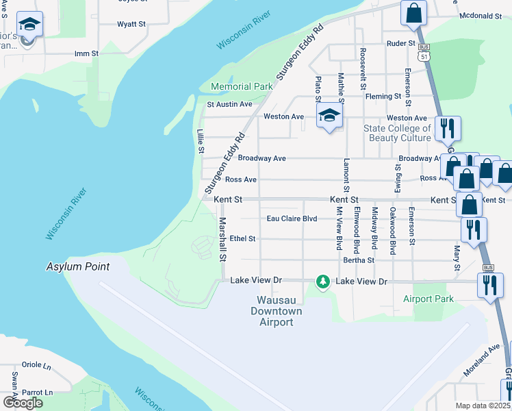 map of restaurants, bars, coffee shops, grocery stores, and more near 2206 Zimmerman St in Wausau