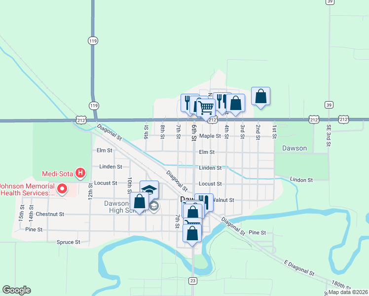 map of restaurants, bars, coffee shops, grocery stores, and more near 660 Elm Street in Dawson