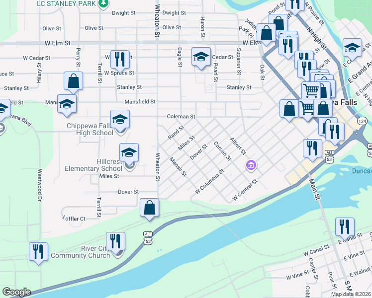map of restaurants, bars, coffee shops, grocery stores, and more near 719 Miles Street in Chippewa Falls