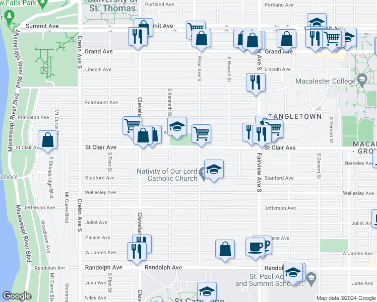 map of restaurants, bars, coffee shops, grocery stores, and more near 1960 Saint Clair Avenue in Saint Paul
