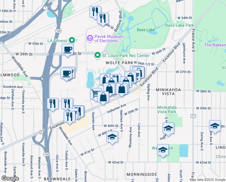 map of restaurants, bars, coffee shops, grocery stores, and more near 3820 Grand Way in St. Louis Park