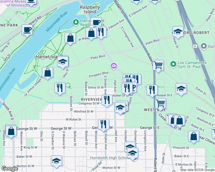 map of restaurants, bars, coffee shops, grocery stores, and more near 399 South Stryker Avenue in Saint Paul