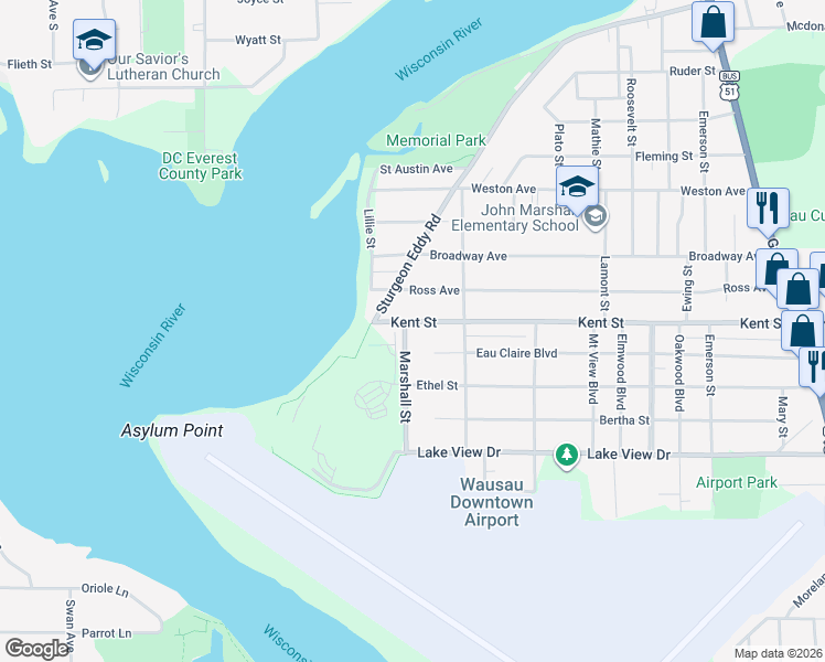map of restaurants, bars, coffee shops, grocery stores, and more near 931 Kent Street in Wausau