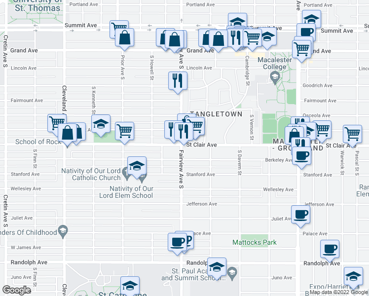 map of restaurants, bars, coffee shops, grocery stores, and more near 1806 Saint Clair Avenue in Saint Paul