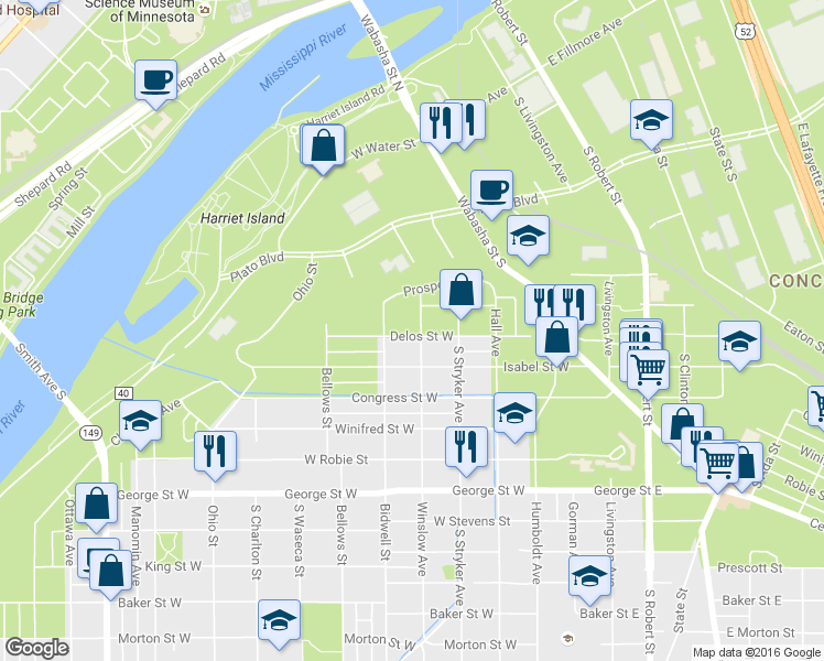 map of restaurants, bars, coffee shops, grocery stores, and more near 395 Winslow Avenue in Saint Paul