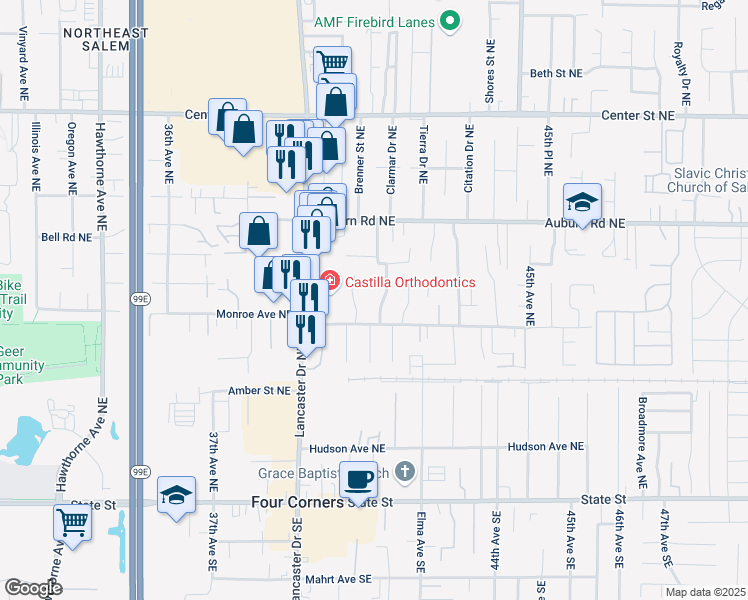 map of restaurants, bars, coffee shops, grocery stores, and more near 421 Clarmar Drive Northeast in Salem